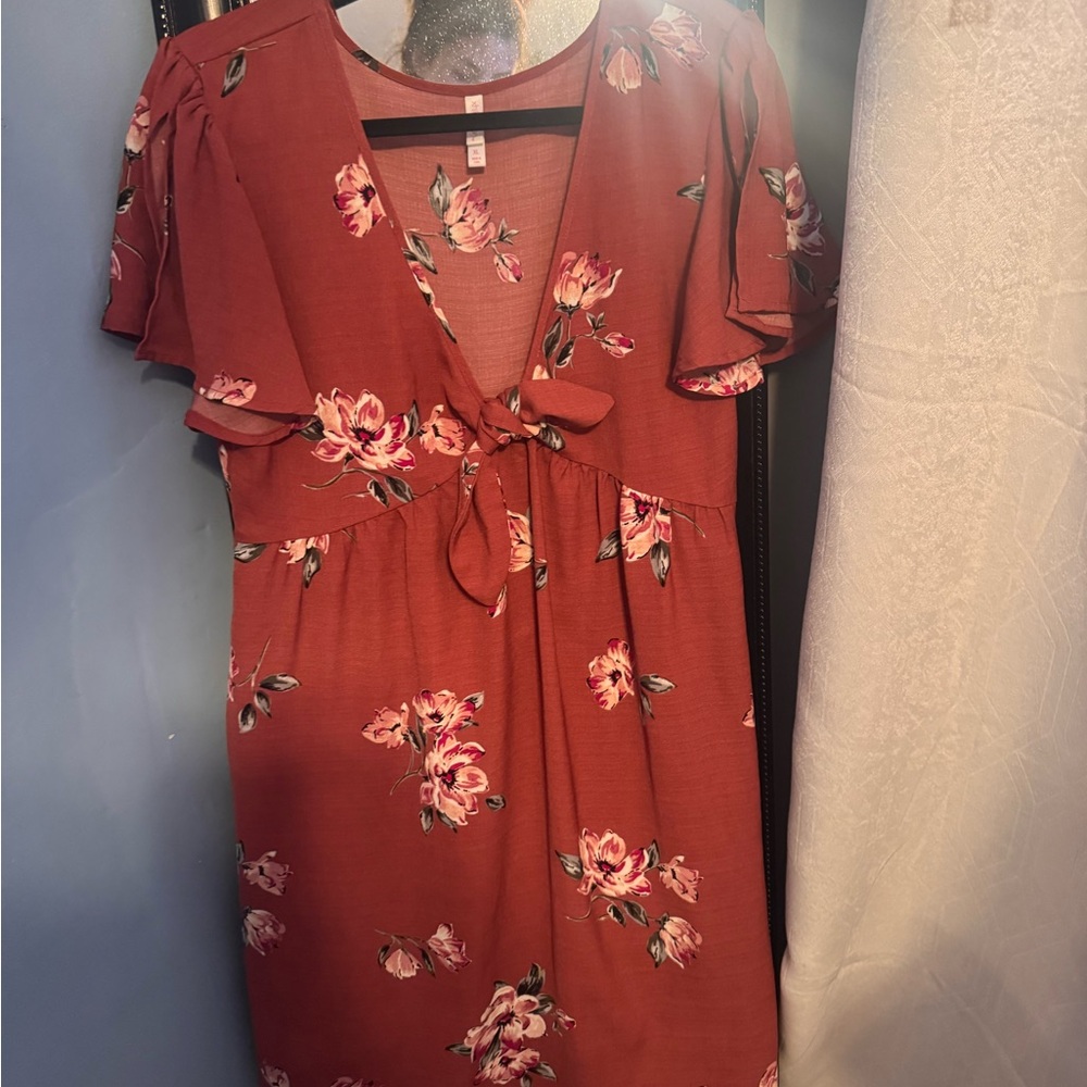 Xhilaration Floral Tie-Front Midi Dress in Rust and Pink